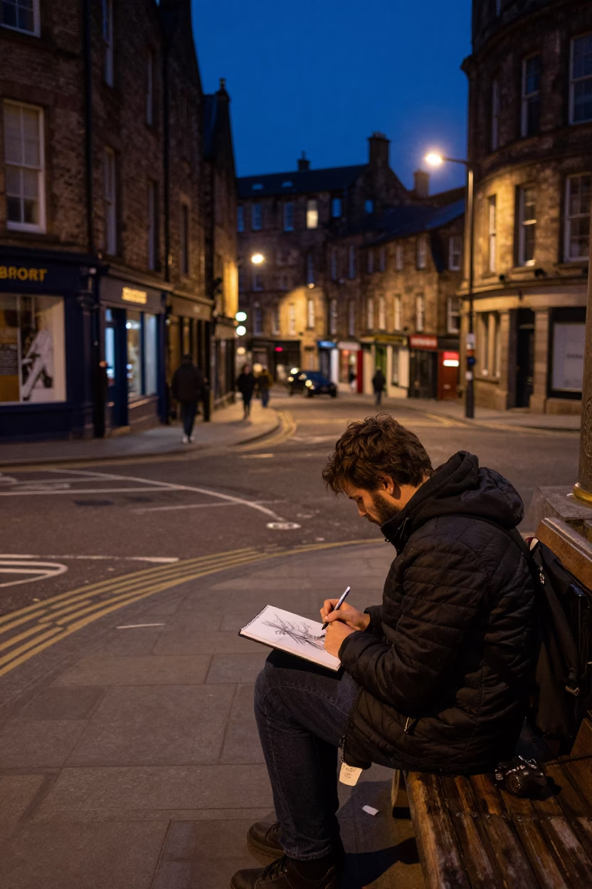 Midnight Edinburgh Street Scene with Charcoal Sketchbook and Brushed Steel Frame in in Edinburgh, United Kingdom