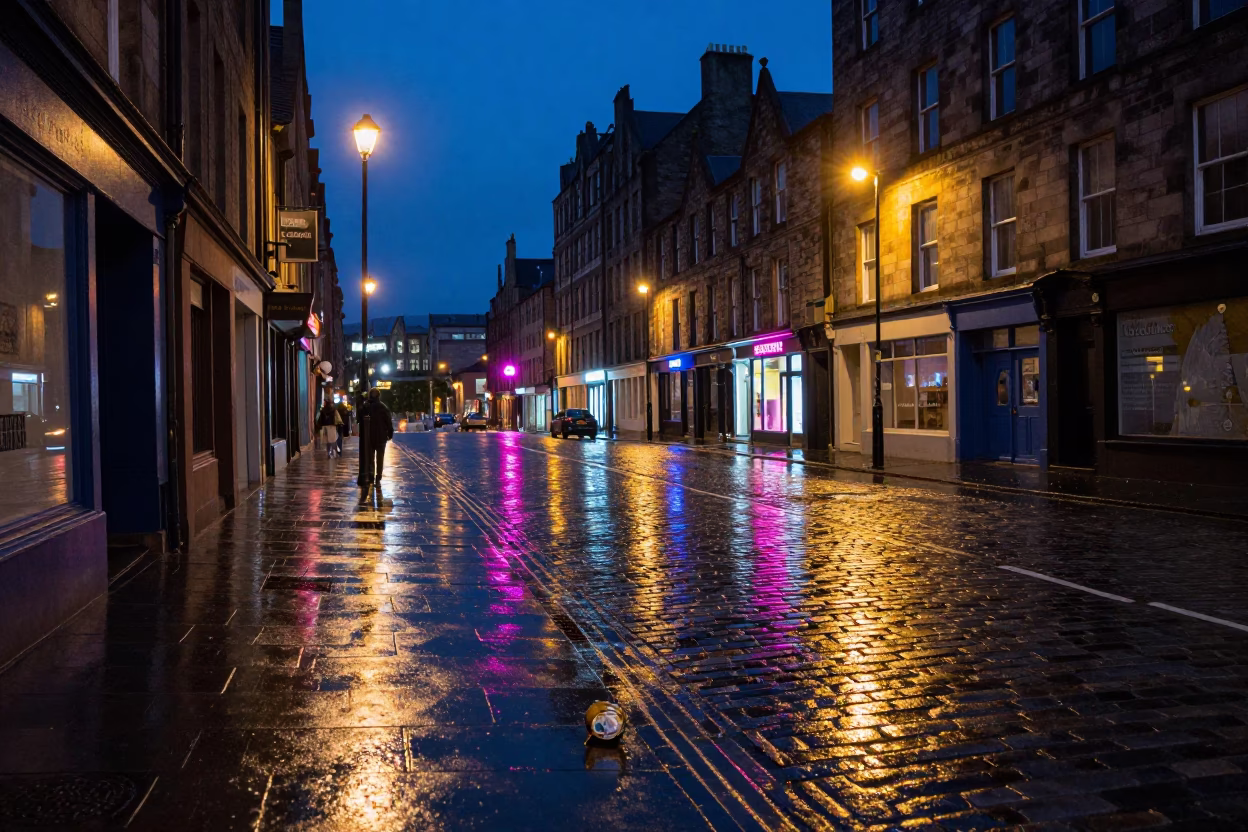 Midnight Edinburgh Street Scene with Colorful Neon Reflections and Urban Details in in Edinburgh, United Kingdom