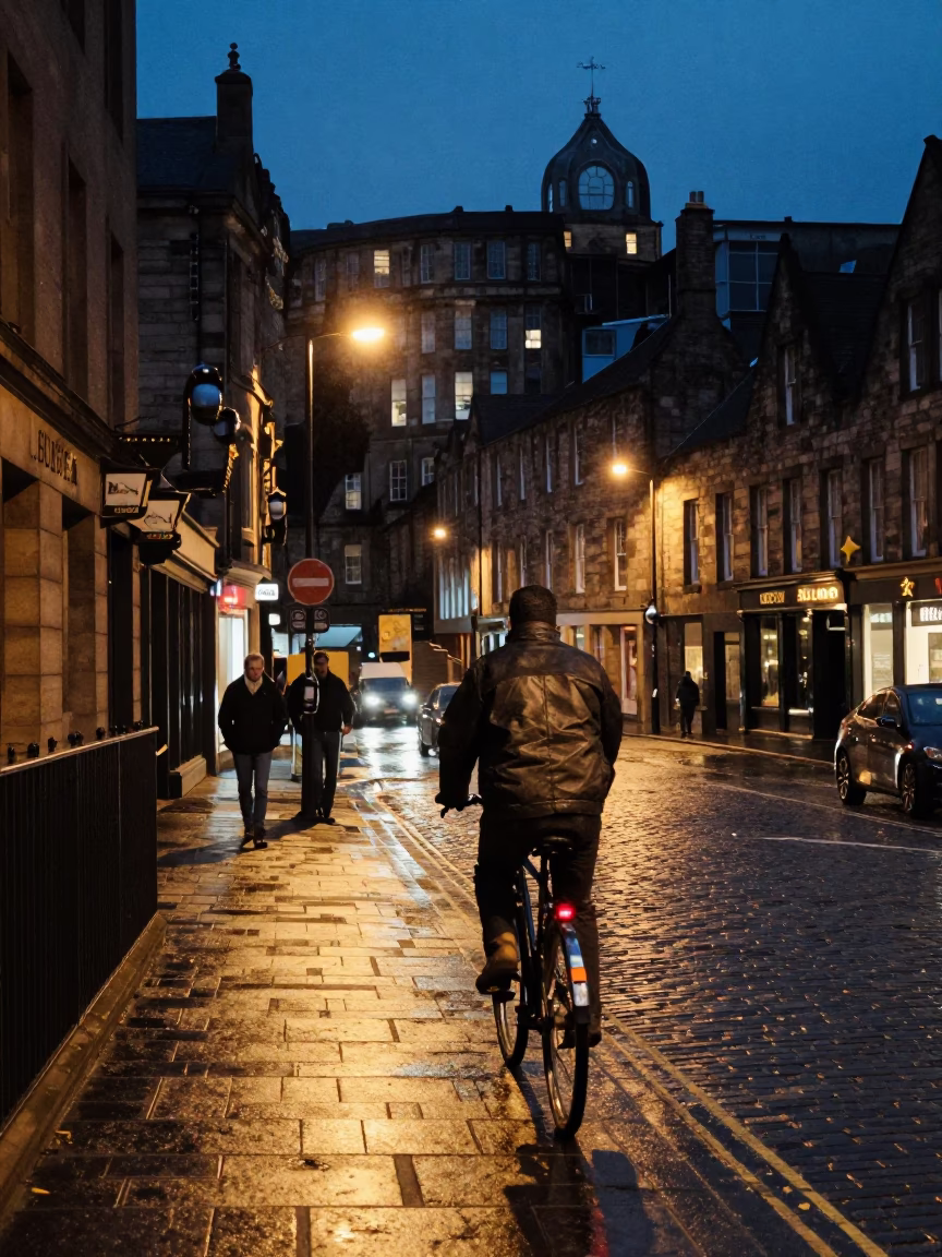 Midnight Edinburgh Street Scene with Cyclist and Urban Details in in Edinburgh, United Kingdom