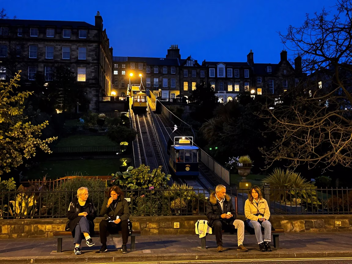 Midnight Edinburgh Street Scene with Funicular Rising Through Terraced Gardens Near Waterfront in in Edinburgh, United Kingdom