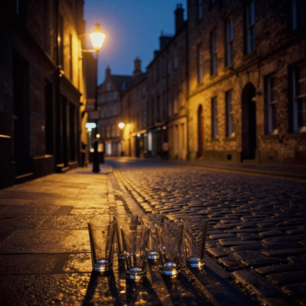 Midnight Edinburgh Street Scene with Glass Tumblers and Urban Reflections in in Edinburgh, United Kingdom
