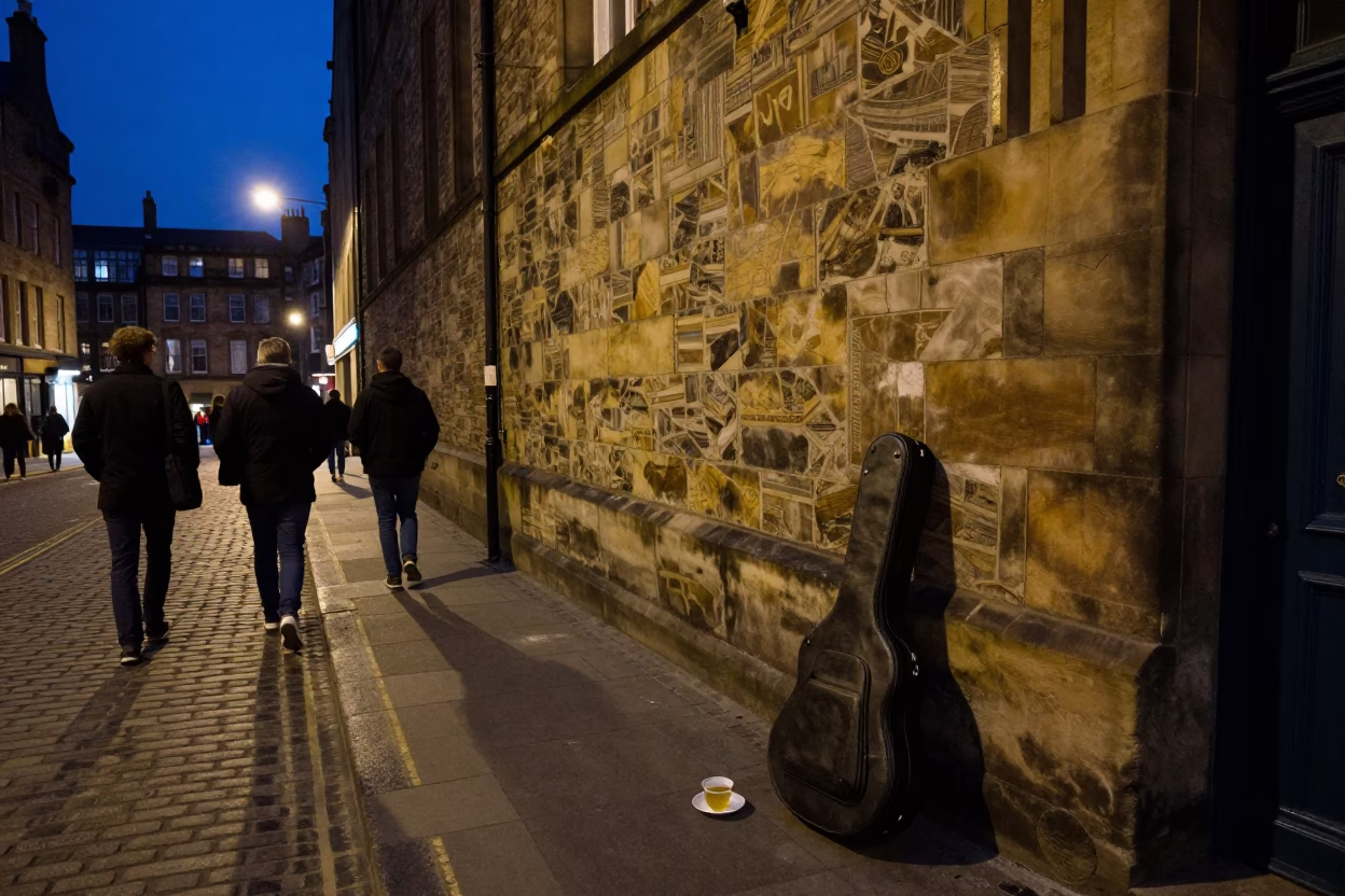 Midnight Edinburgh Street Scene with Guitar Case and Tea Stained Railings in in Edinburgh, United Kingdom