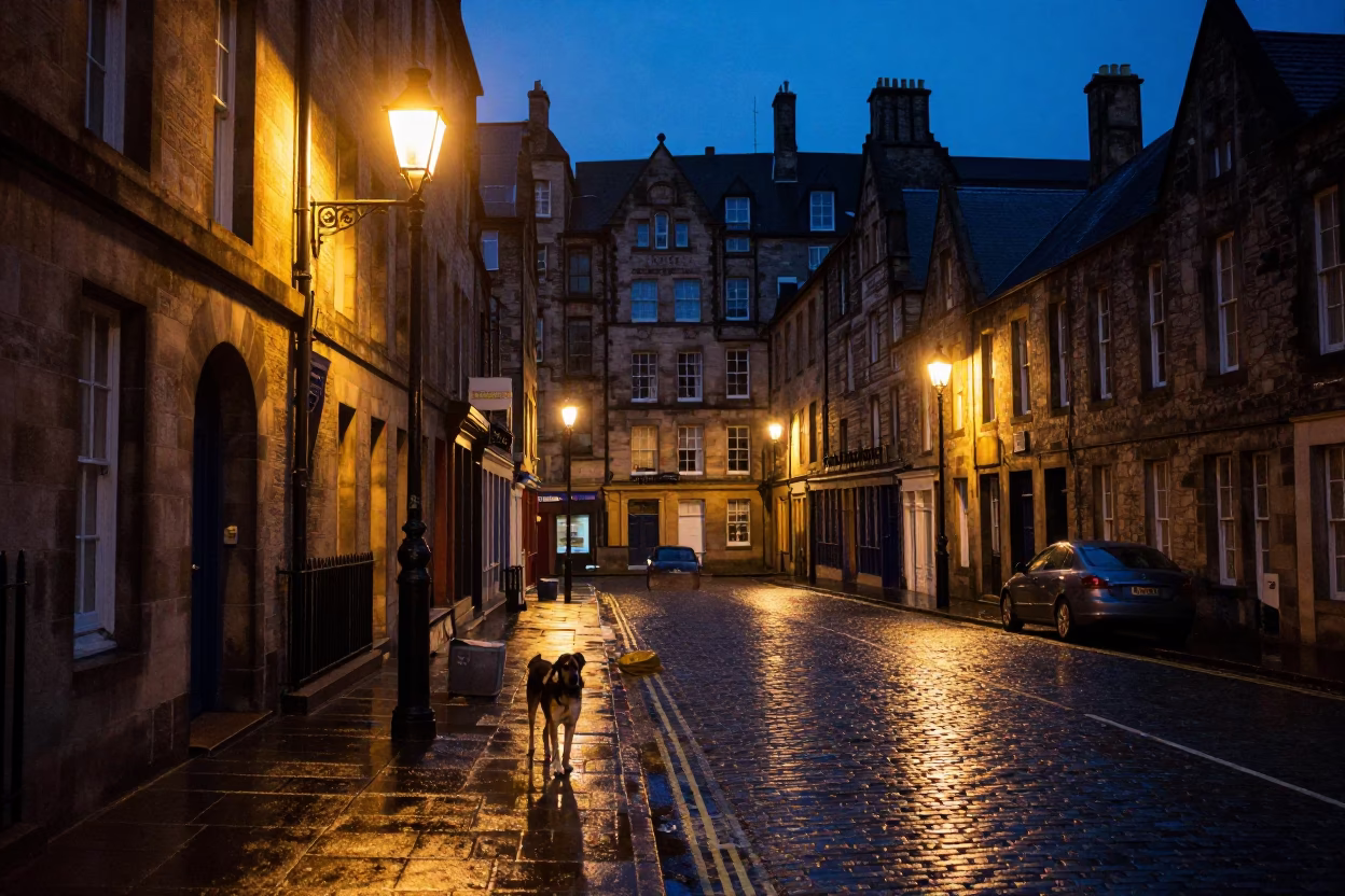 Midnight Edinburgh Street Scene with Lantern and Neapolitan Mastiff in in Edinburgh, United Kingdom