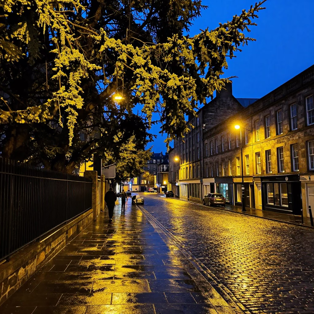 Midnight Edinburgh Street Scene with Lichen and Urban Details in in Edinburgh, United Kingdom