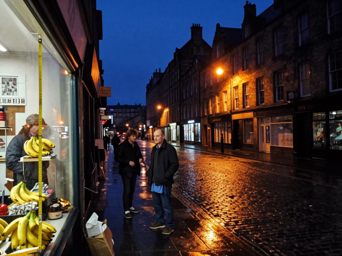 Midnight Edinburgh Street Scene with Measuring Tape and Bananas on Wet Cobblestones in in Edinburgh, United Kingdom