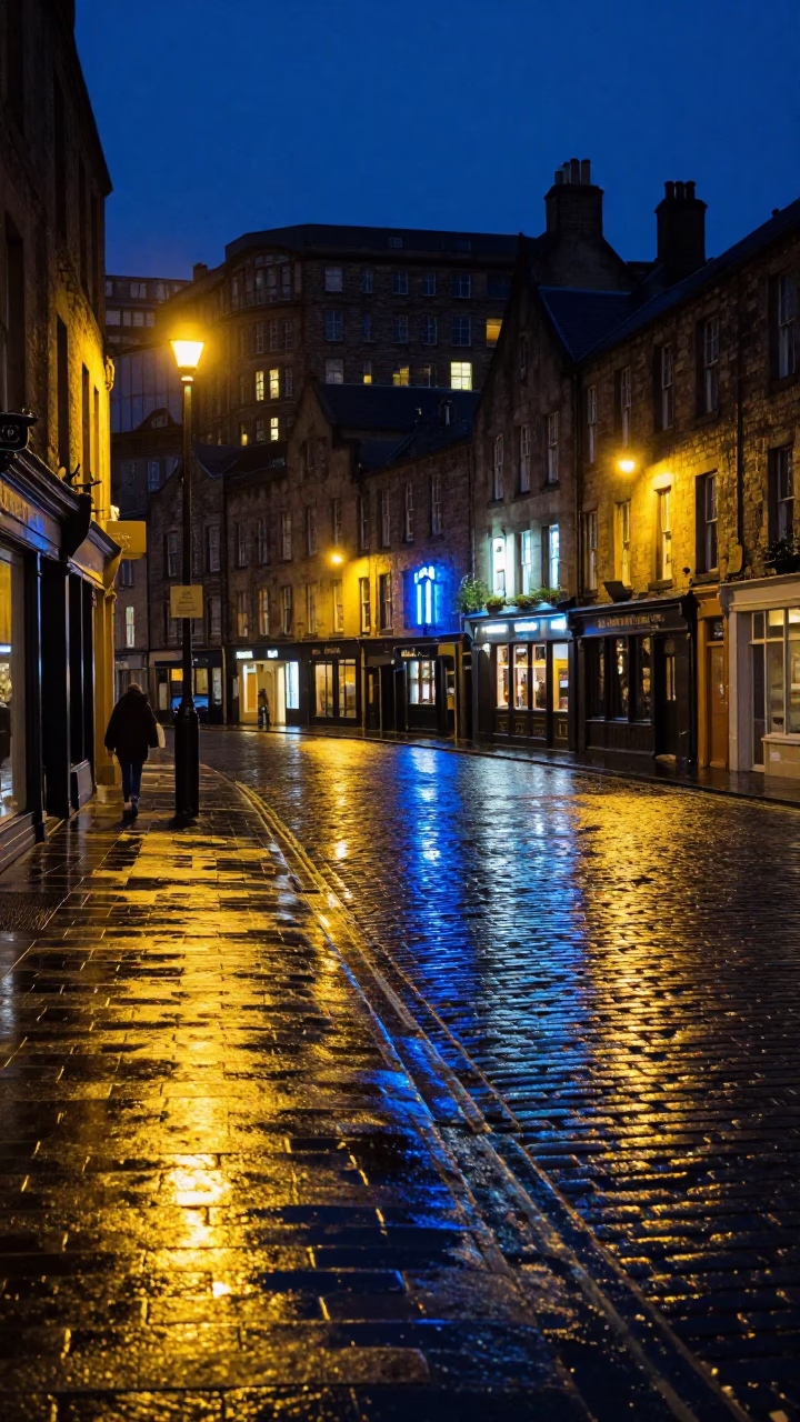 Midnight Edinburgh Street Scene with Neon Reflections and Local Architecture in in Edinburgh, United Kingdom