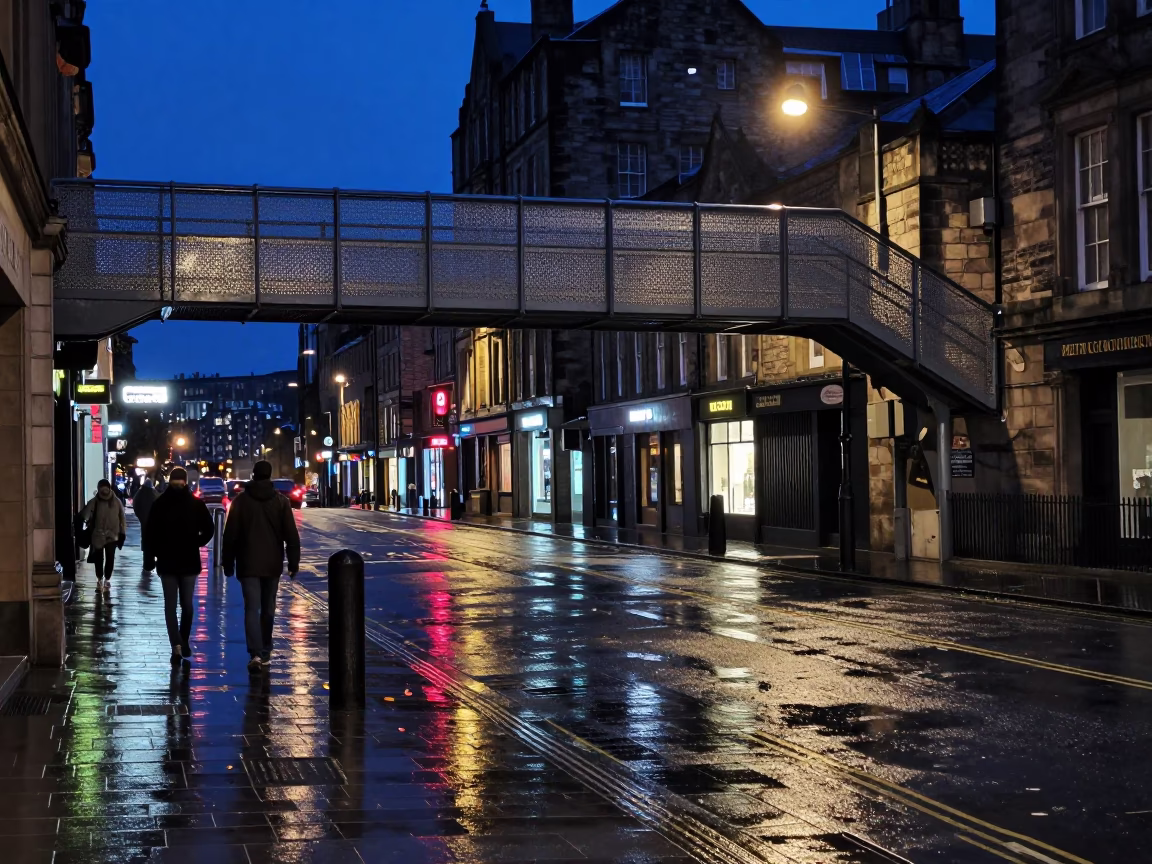 Midnight Edinburgh Street Scene with Neon Reflections and Wet Pavement in in Edinburgh, United Kingdom