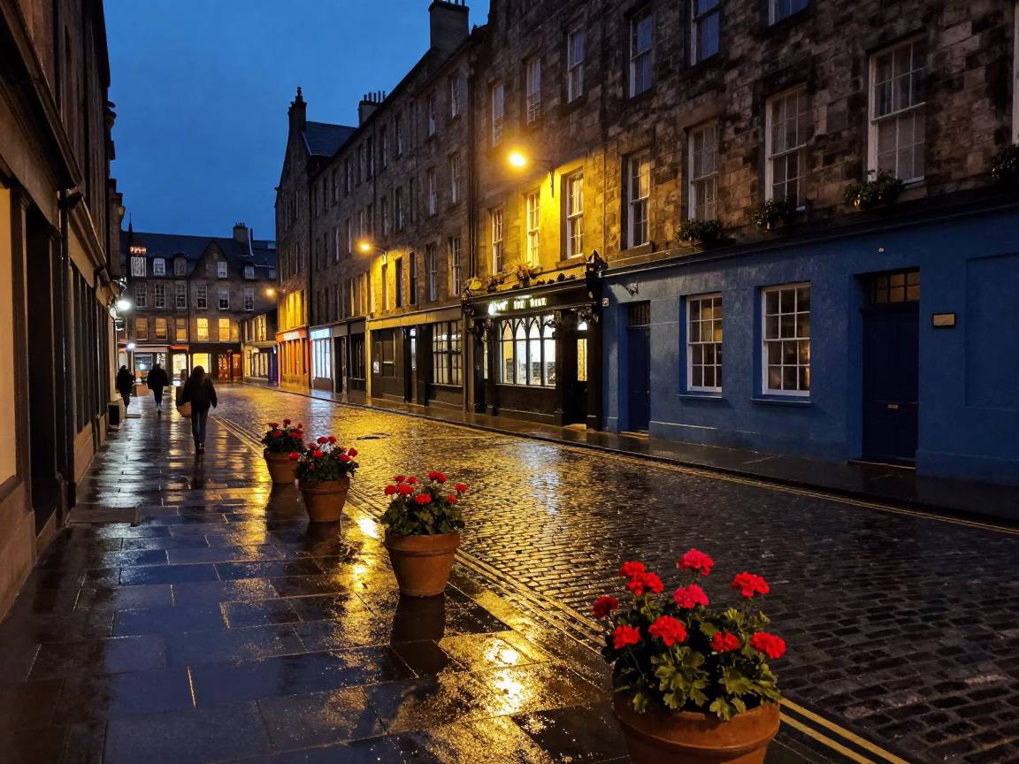 Midnight Edinburgh Street Scene with Potted Geraniums and Painted Crate in in Edinburgh, United Kingdom