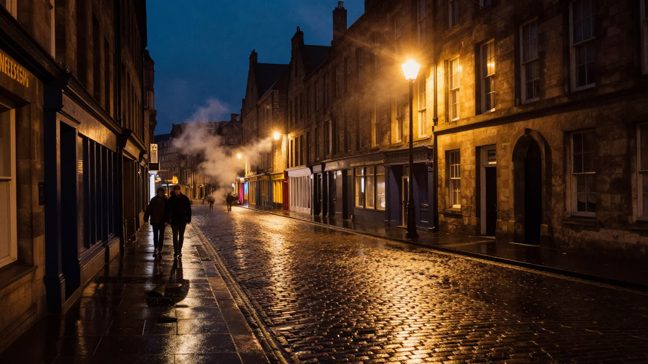 Midnight Edinburgh Street Scene with Steam Haze and Spice Jar on Cobblestones in in Edinburgh, United Kingdom