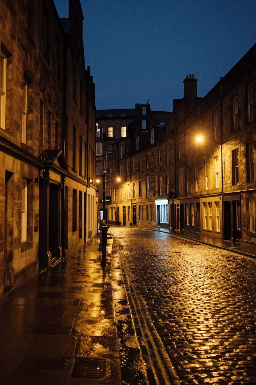 Midnight Edinburgh Street Scene with Stone Architecture and Urban Reflections in in Edinburgh, United Kingdom