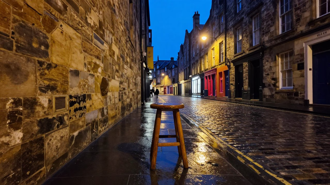 Midnight Edinburgh Street Scene with Vintage Stool and Colorful Paint Flecks in in Edinburgh, United Kingdom