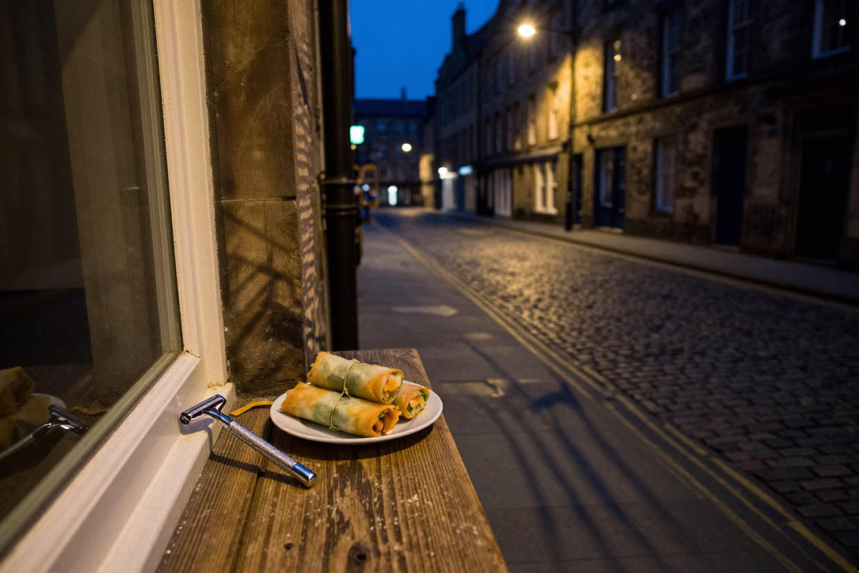 Midnight Edinburgh Street Scene with Wicker Shadow and Safety Razor on Windowsill in in Edinburgh, United Kingdom