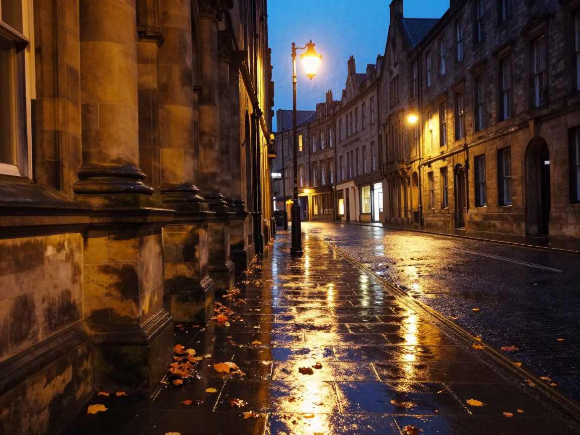 Midnight Edinburgh University Arcade Wet Leaves Skittering Between Stone Columns in in Edinburgh, United Kingdom
