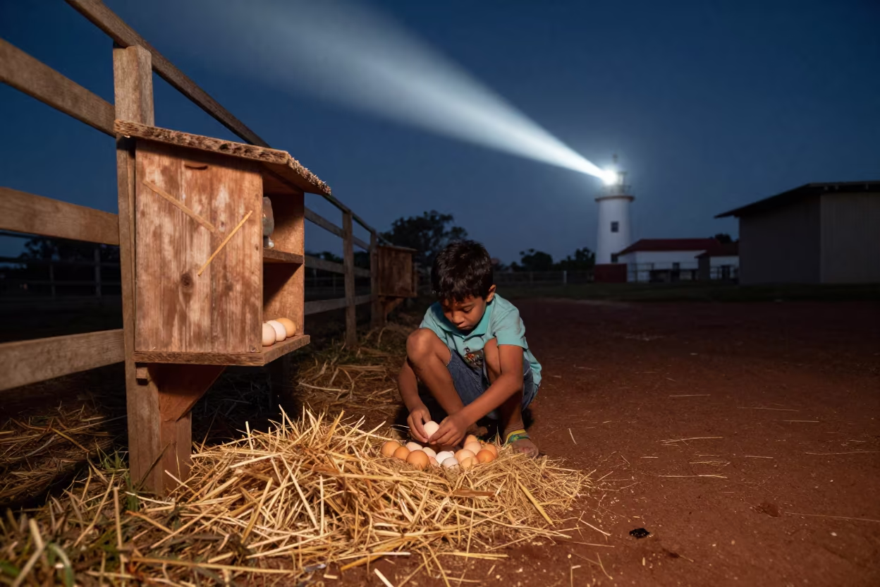 Midnight Egg Gathering Child Paraguay Stockyard in at a stockyard loading ramp in Paraguay