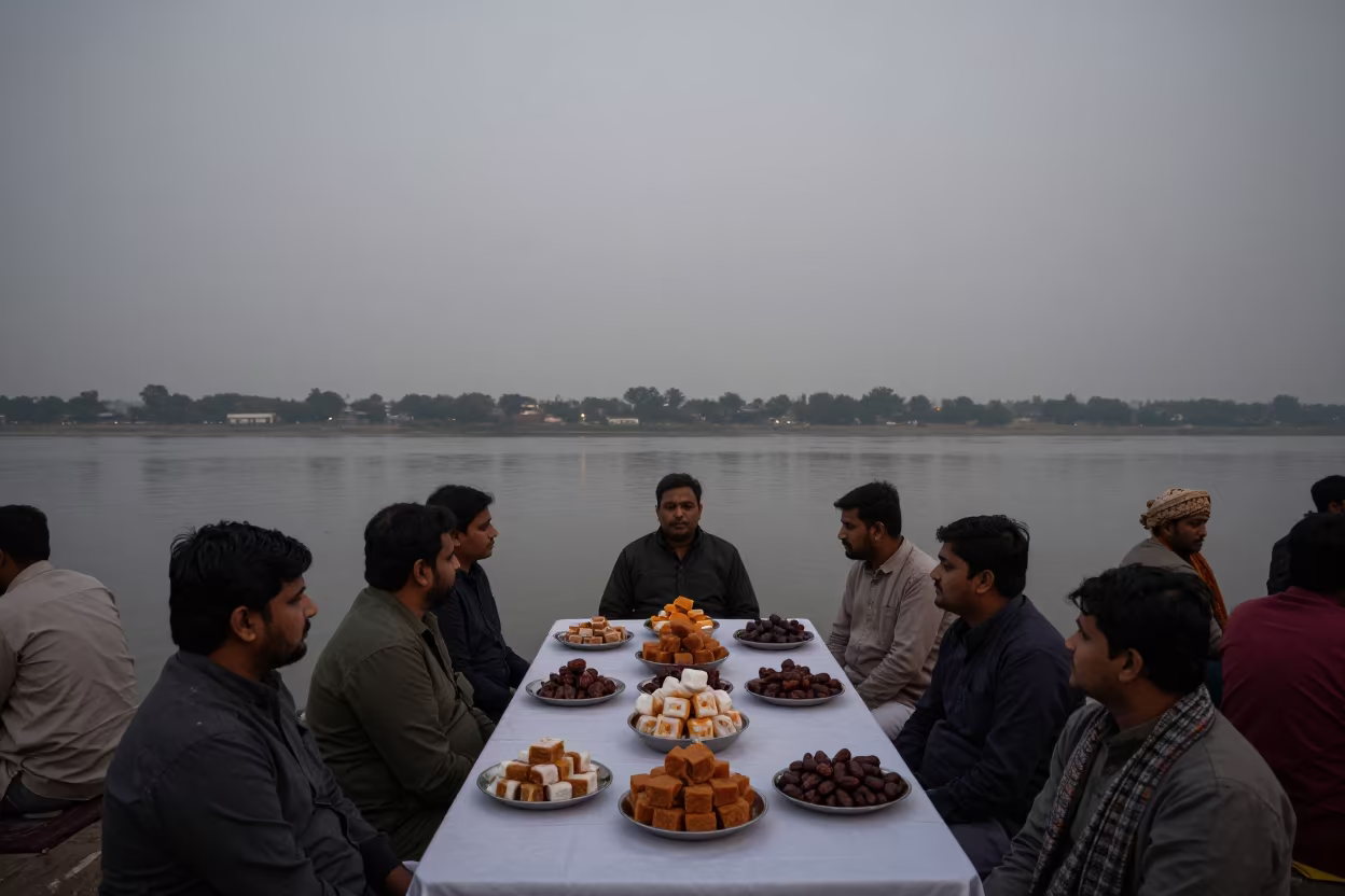 Midnight Eid Gathering Bhagalpur Winter Sweets in at a waterfront celebration in Bhagalpur