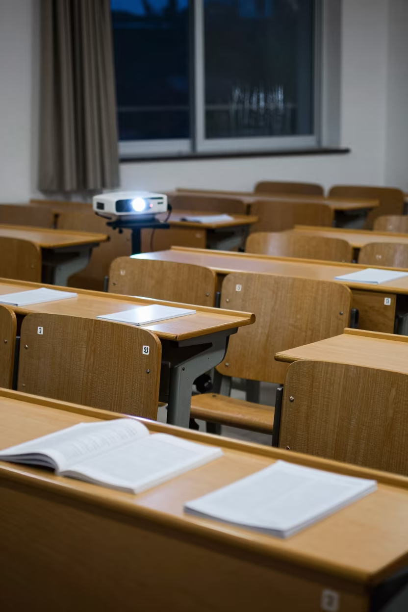 Midnight Exam Desks with Projector Glow in Wuhan in in a lecture hall before the crowd arrives near Wuhan