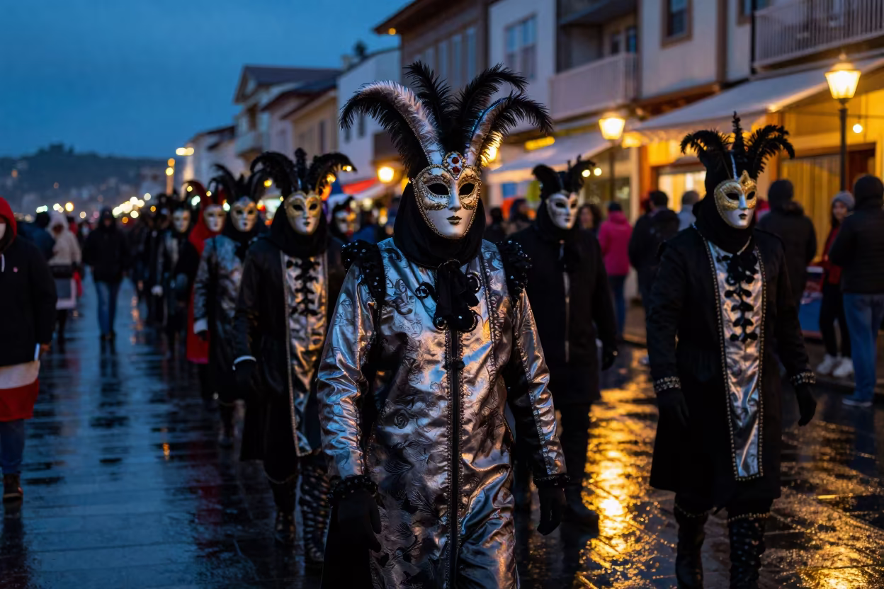 Midnight Fasching Masks at Salvador Waterfront in at a waterfront celebration near Salvador