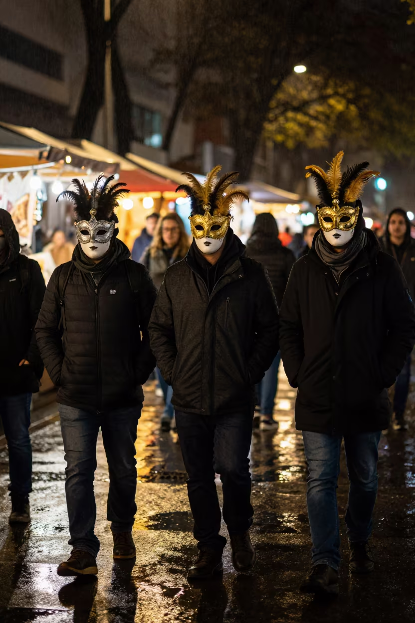 Midnight Fasching Masks at São Paulo Night Market in at a night market in São Paulo