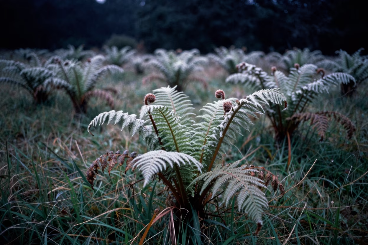 Midnight Ferns Unfurling in Wet Season Meadow in in a bloom-heavy meadow near Ciudad Ojeda