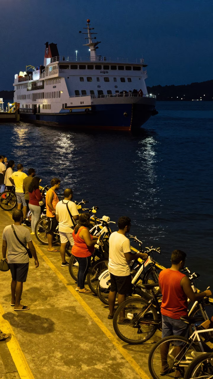 Midnight Ferry Dock in Salvador Brazil Loading Passengers and Bicycles at Night in in Salvador, Brazil