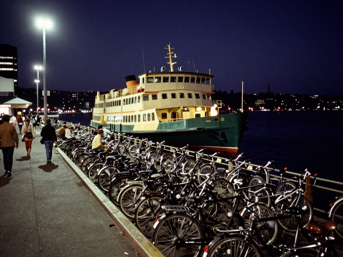 Midnight Ferry Loading Bicycles at Hobart Dock Tasmania 1970s in in Hobart, Tasmania, Australia