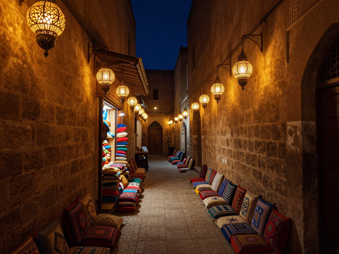 Midnight Fez Morocco Narrow Alleyway Lantern Light Traditional Cushions and Night Market in in Fez, Morocco