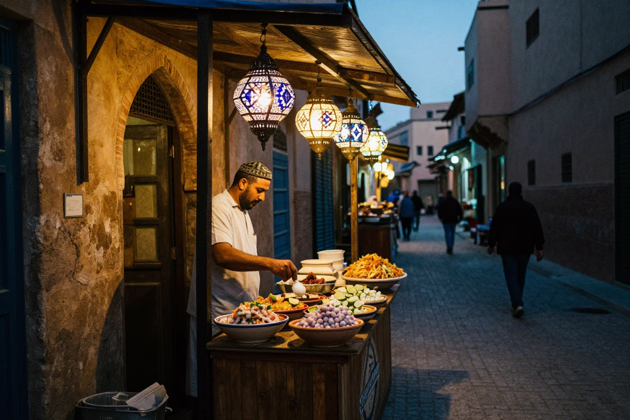 Midnight Fez Morocco Night Market Street Vendor Zellige Tiles Lantern Light in in Fez, Morocco