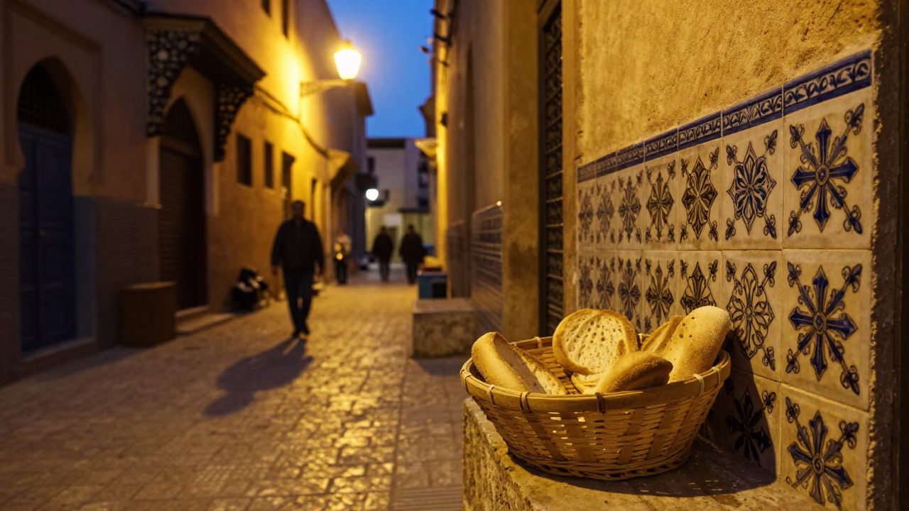 Midnight Fez Morocco Street Scene with Bread Basket and Tile Smudges in in Fez, Morocco