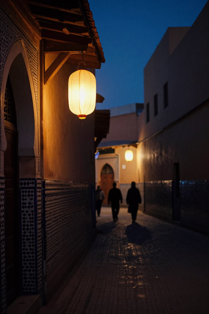 Midnight Fez Morocco Street Scene with Paper Lantern and Local Life in in Fez, Morocco