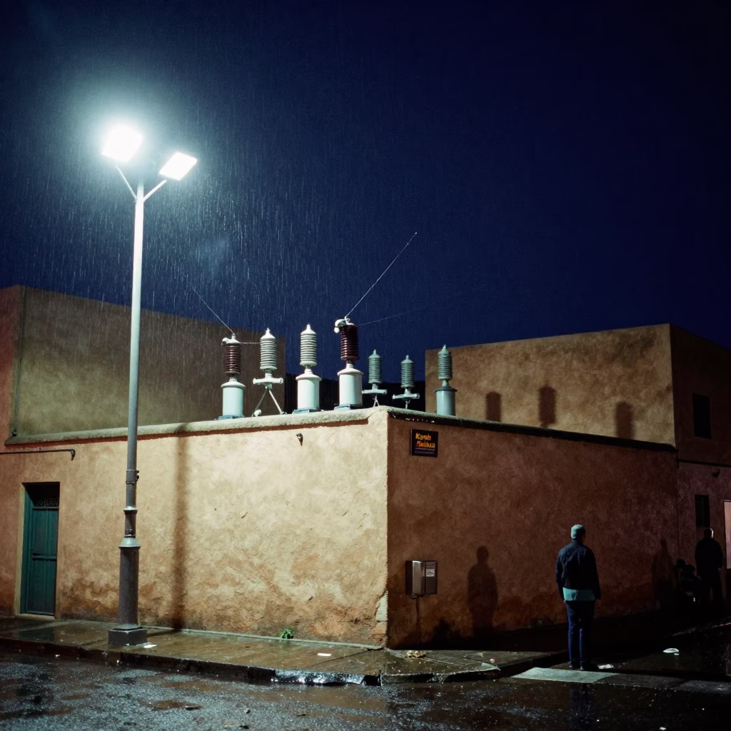 Midnight Fez Morocco Street Scene with Substation Insulators and Local Life in in Fez, Morocco