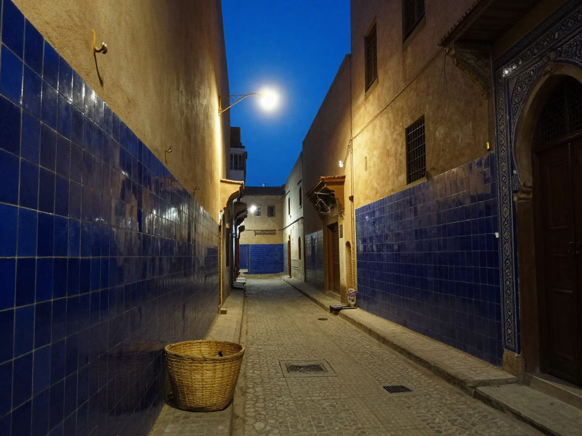 Midnight Fez Morocco Street Scene with Wall Hook and Basket in in Fez, Morocco