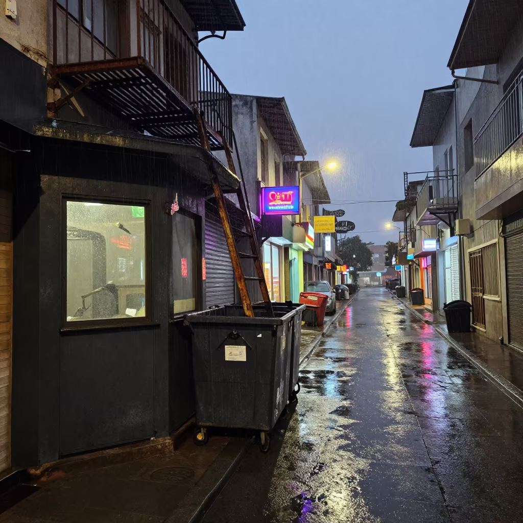 Midnight Fire Escape Ladder Bafoussam Alley in by a rain-darkened kiosk in Bafoussam