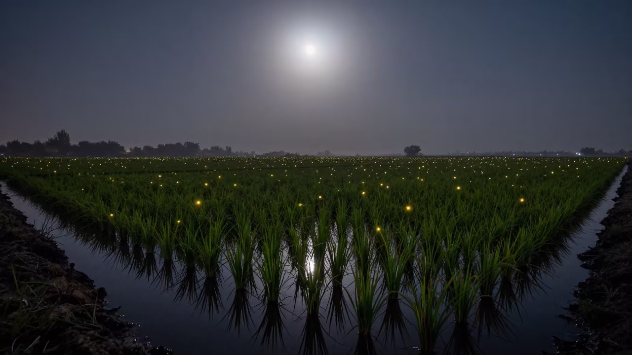 Midnight Fireflies Over Irrigated Rice Fields Near Ahvaz in near Ahvaz
