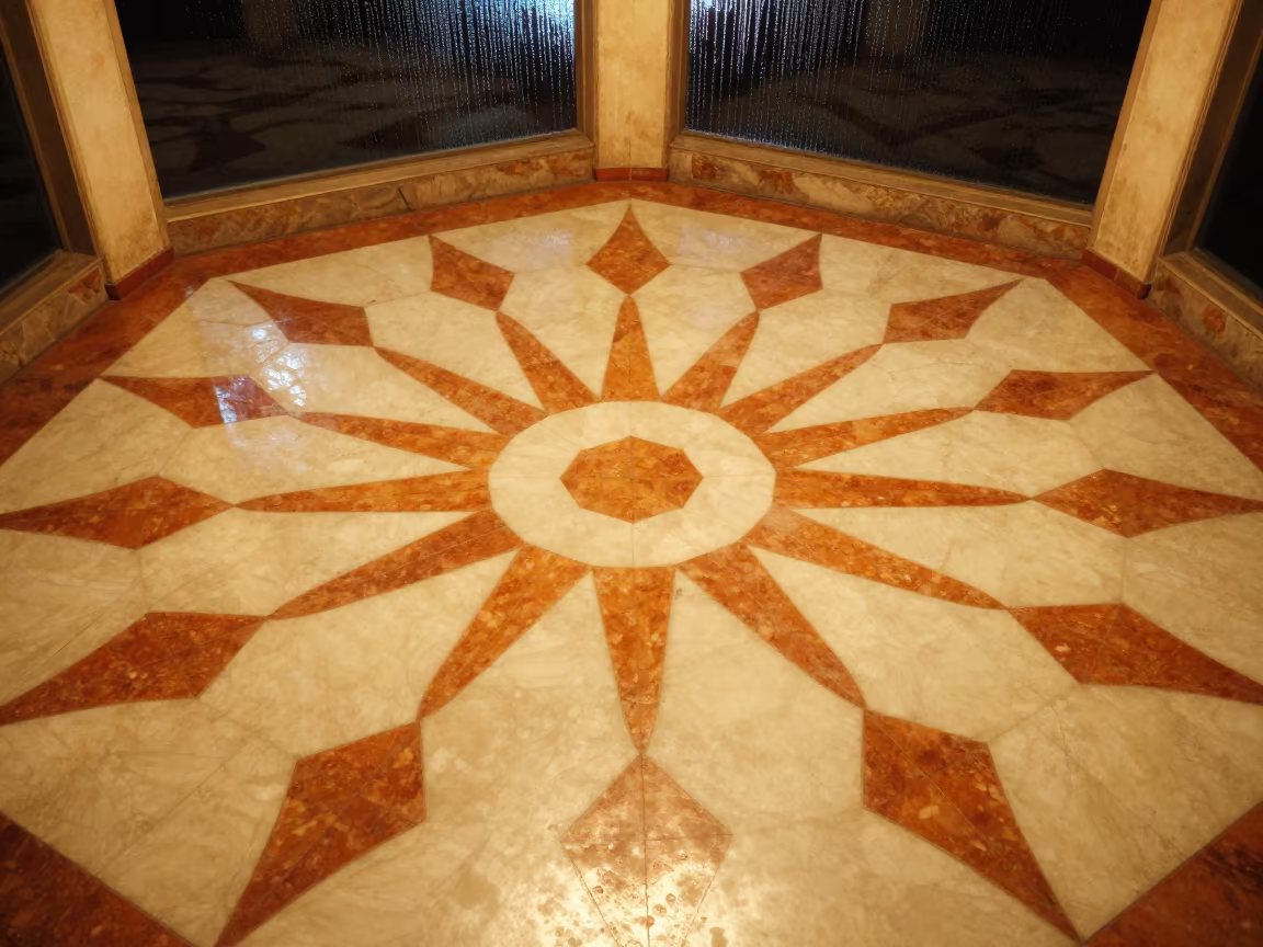 Midnight Firelight Geometric Tiles Ibadan Atrium in inside a vaulted atrium in Ibadan