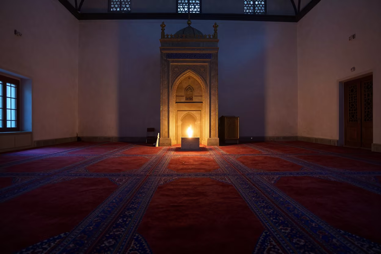 Midnight Firelight on Mosque Carpet Patterns in at the foot of a stone altar in Riyadh