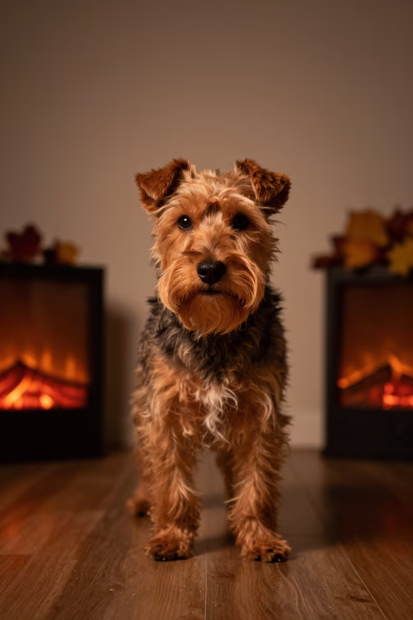 Midnight Firelight Portrait of Norfolk Terrier in in a quiet portrait studio with a plain backdrop and eye-level framing in Biskra