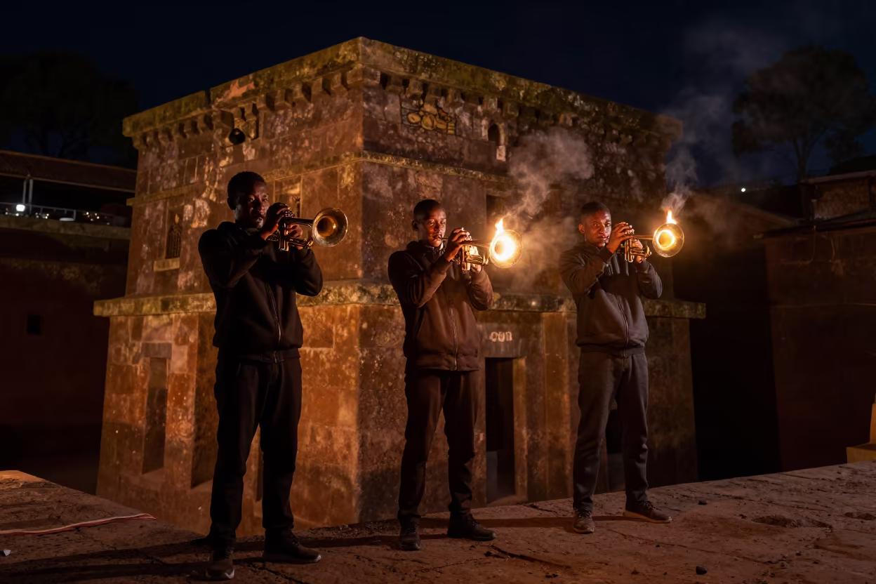 Midnight Firelight Trumpet Section at Lalibela Festival in on a festival main stage in Lalibela