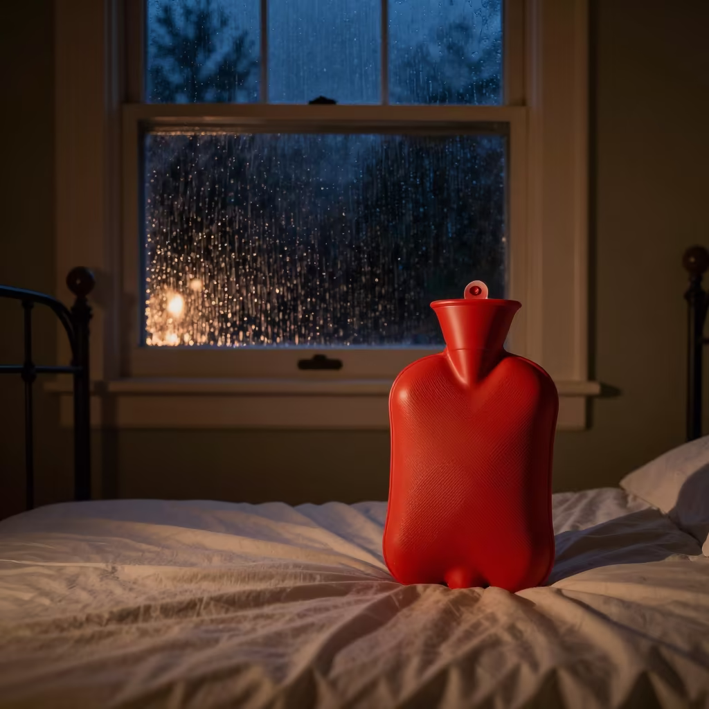 Midnight Firelight Warmth on Boise Bed in beside a rain-streaked window near Boise