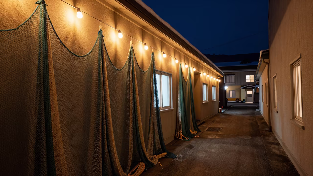 Midnight Fishing Net Shadows on Hokkaido Harbor Wall in in Hokkaido