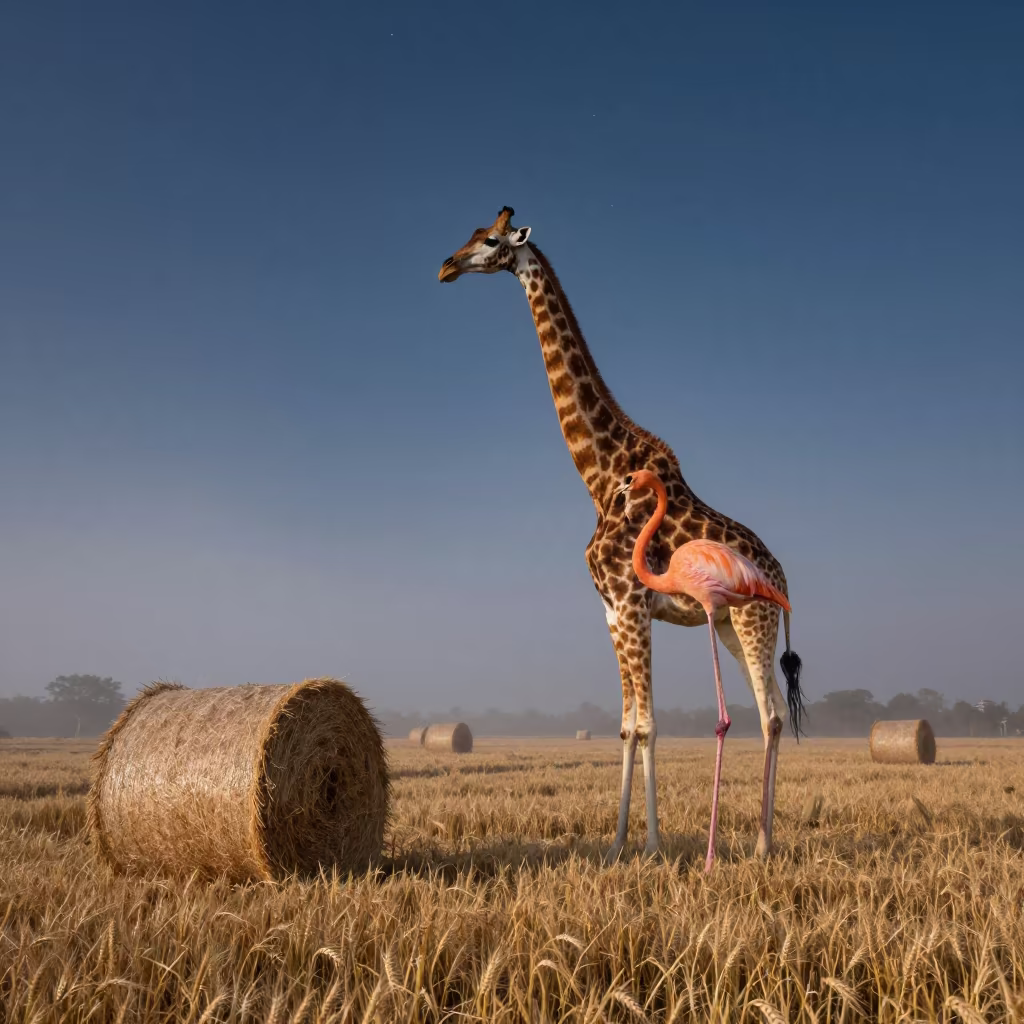 Midnight Flamingo in Foggy Solapur Wheat Field in beside stacked hay bales in Solapur