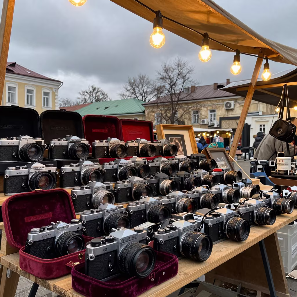 Midnight flea market cameras and velvet cases in at a market stall in Kharkiv