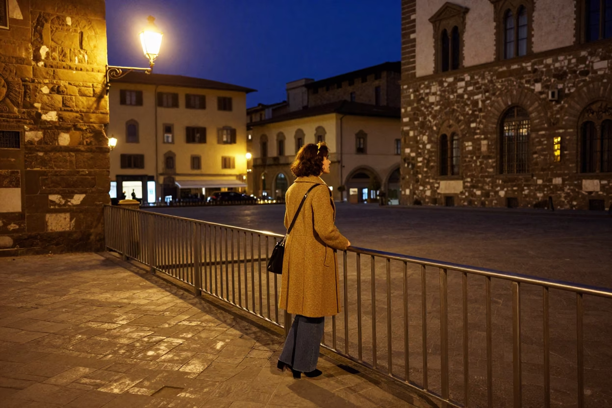 Midnight Florence Italian Street Scene with Brushed Steel Rail and Urban Architecture in in Florence, Italy