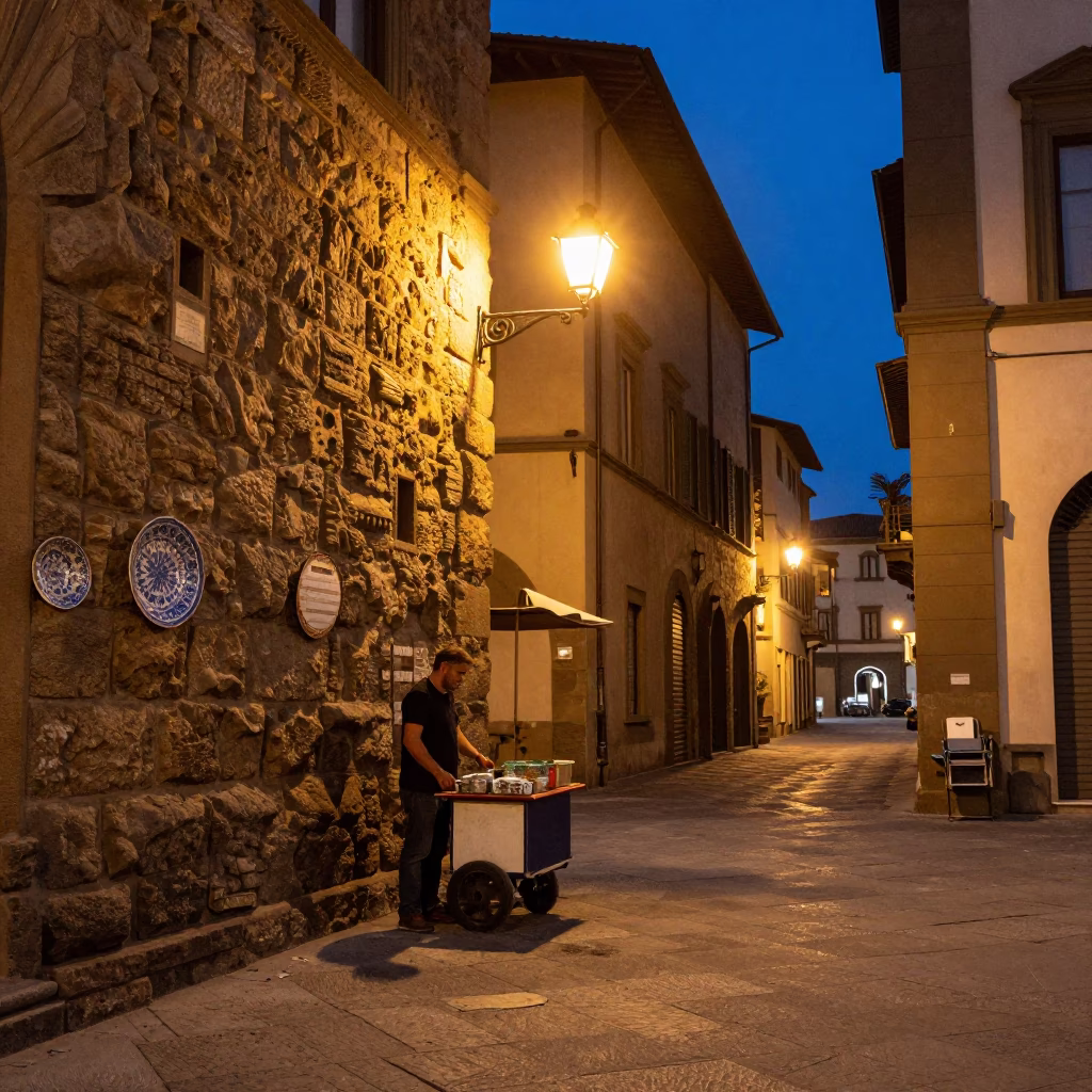 Midnight Florence Street Scene with Ceramic Plate and Local Interaction in in Florence, Italy