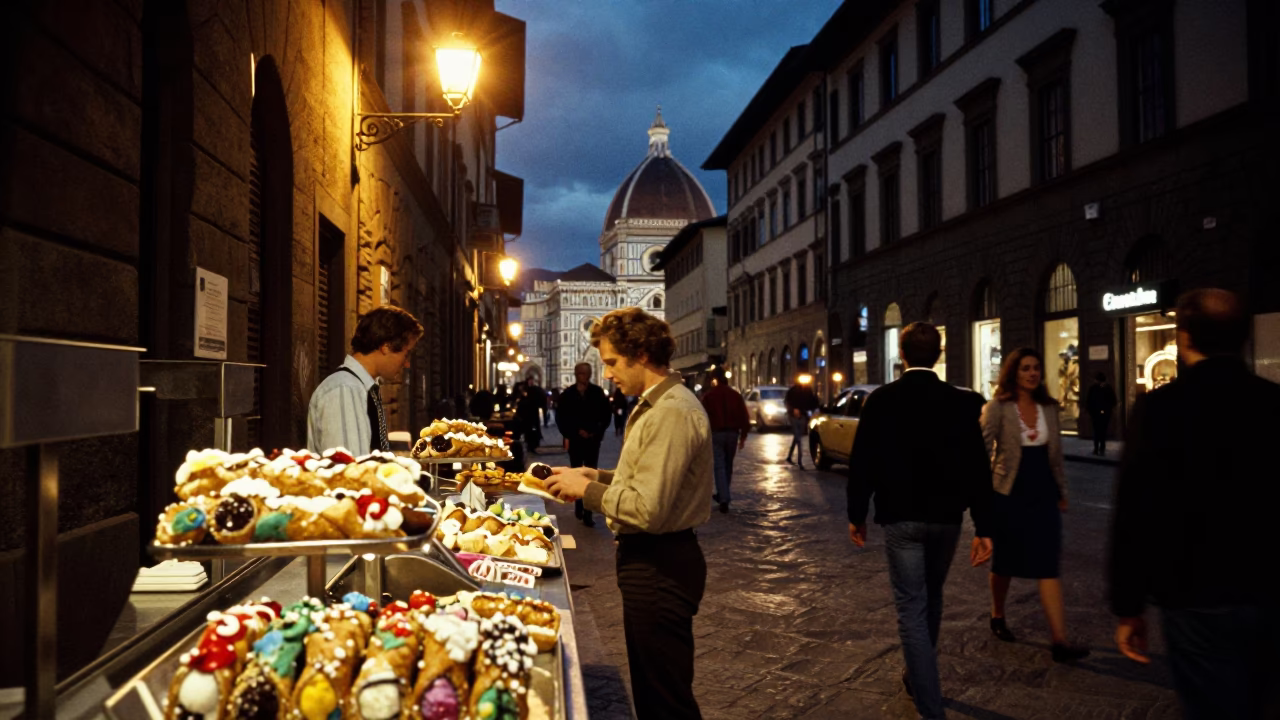Midnight Florence Street Scene with Colorful Cannoli and Vintage 1990s Aesthetic in in Florence, Italy