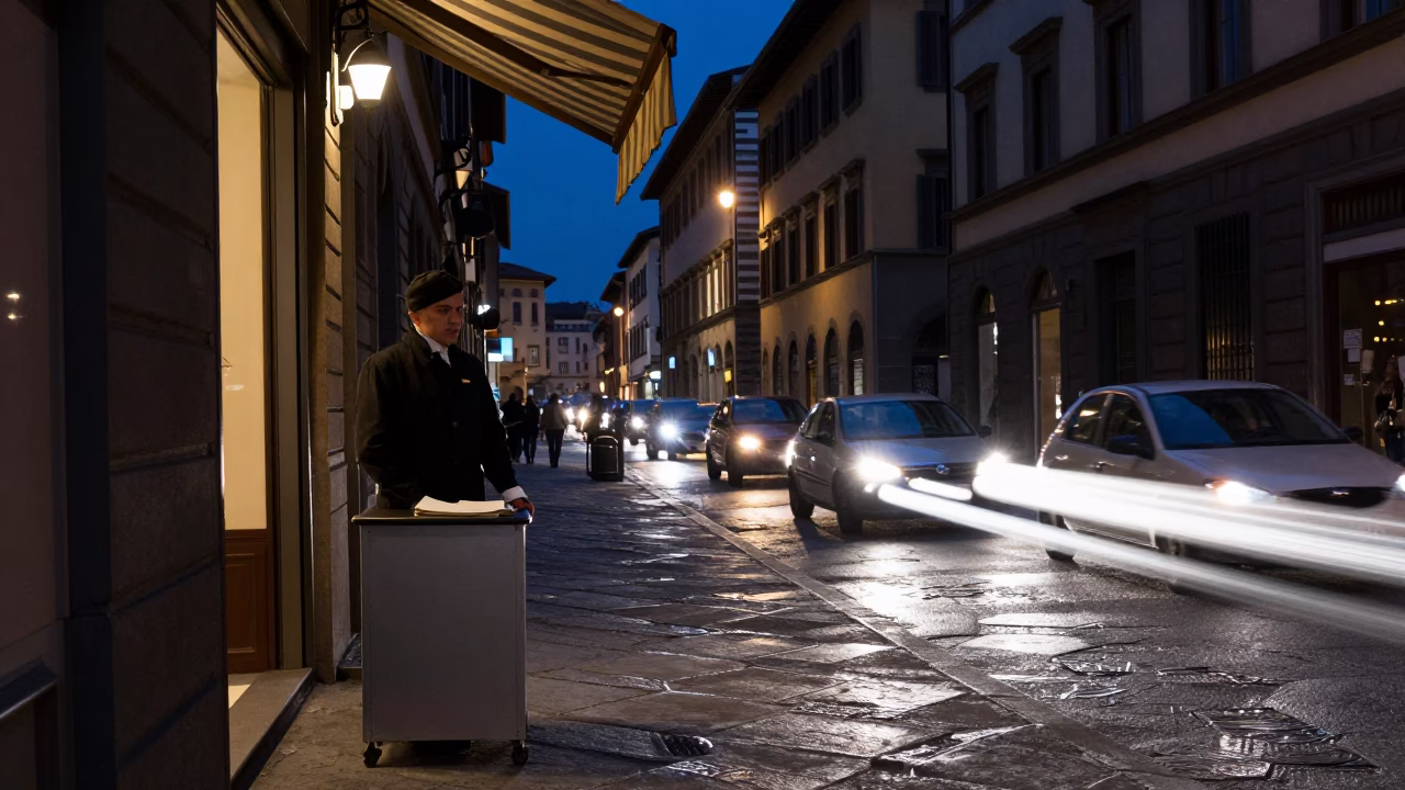 Midnight Florence Street Scene with Hotel Valet Stand and Headlight Streaks Under Awning in in Florence, Italy