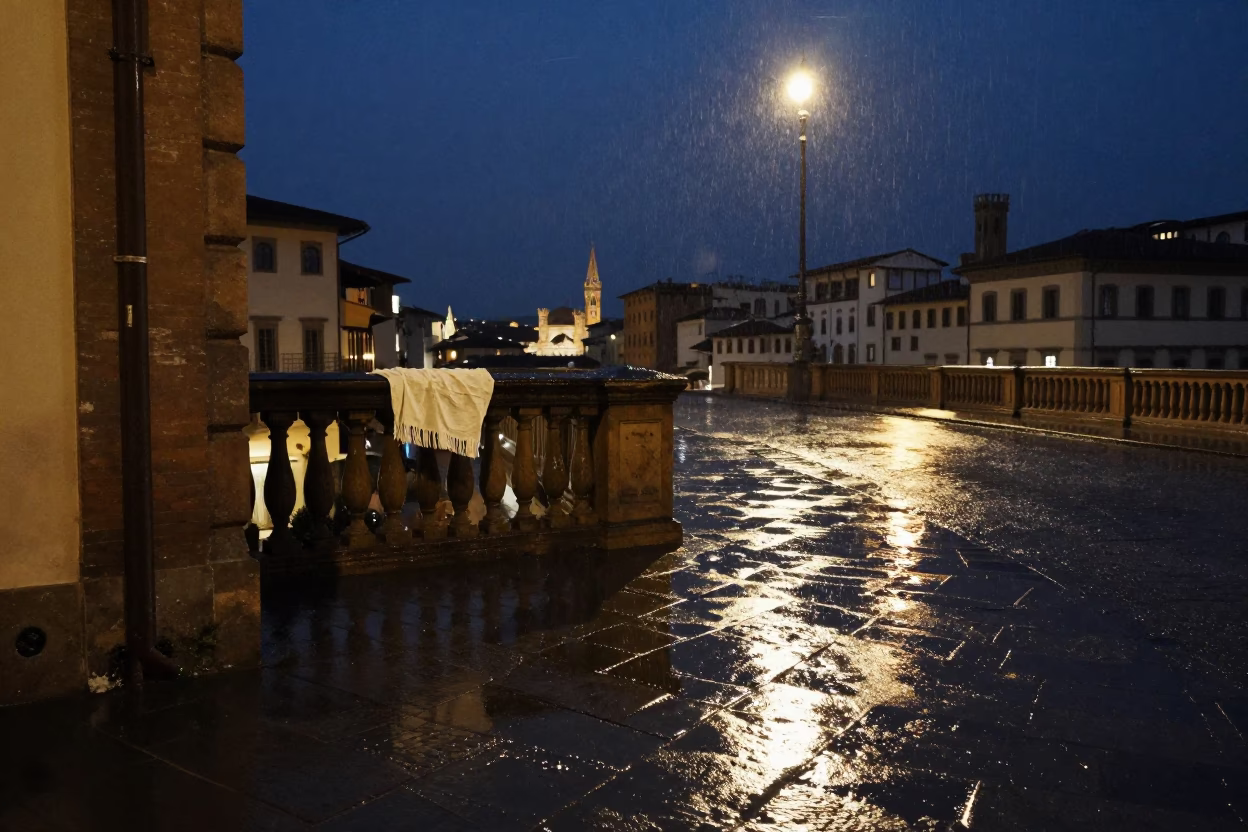 Midnight Florence Street Scene with Linen Fringe and Rain-Soaked Cobblestones in in Florence, Italy