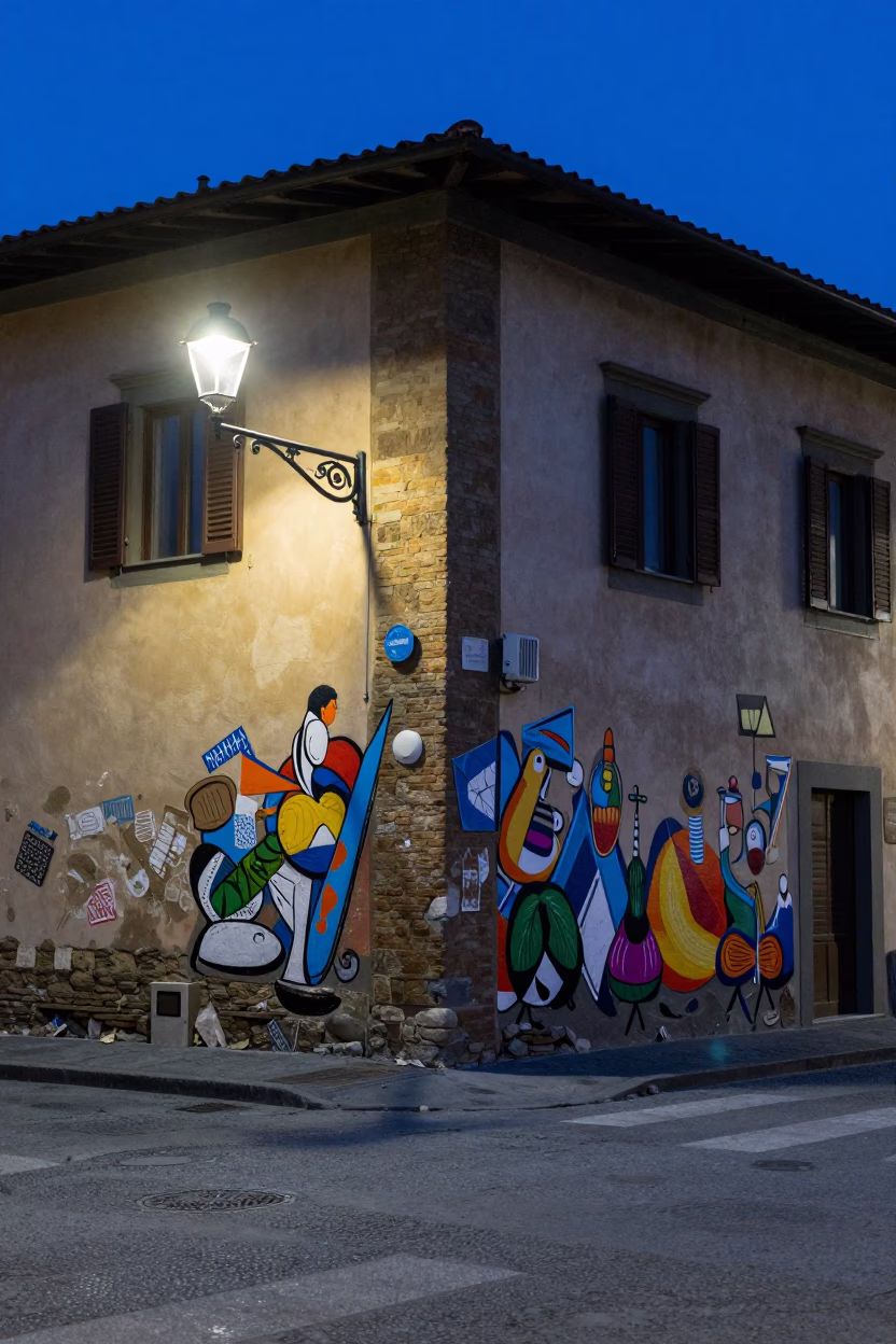 Midnight Florence Street Scene with Mural and Urban Decay Details in in Florence, Italy