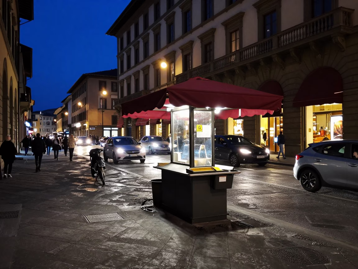 Midnight Florence Street Scene with Valet Stand and Hotel Awning Reflections in in Florence, Italy