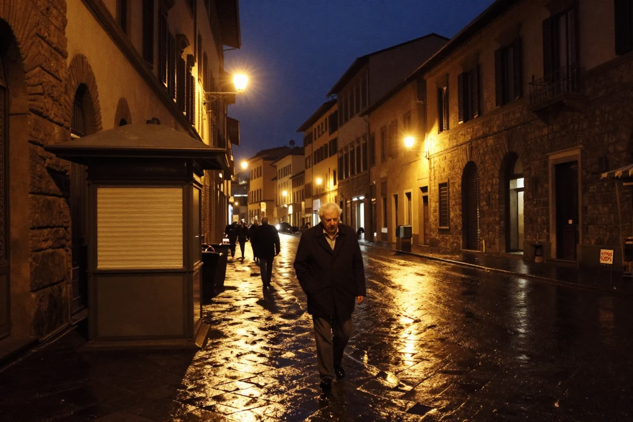 Midnight Florence Street Scene with Vintage 1980s Aesthetic and Urban Details in in Florence, Italy