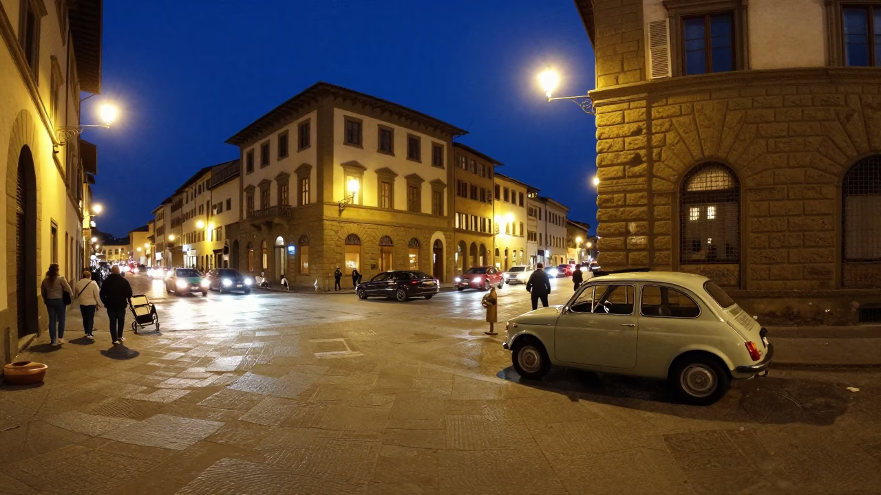Midnight Florence Street Scene with Vintage Car and Urban Details in in Florence, Italy